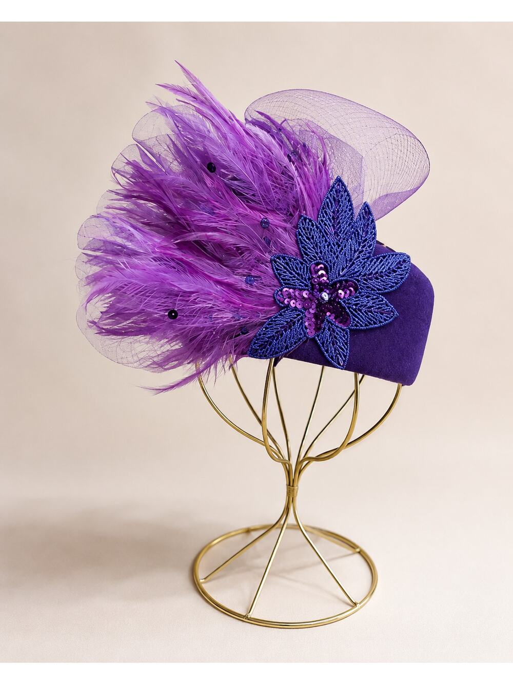 Purple Feather Fascinator Cocktail Hat Sequin Flower Accent Formal Occasion Hat
